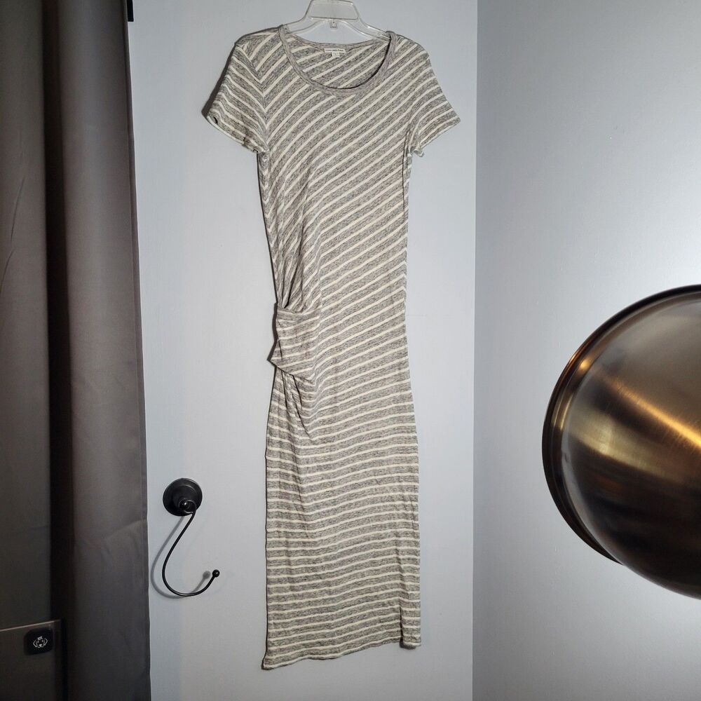 James Perse Gray White Striped Cotton Maxi Dress w/Ruching at Hip Size 1/S